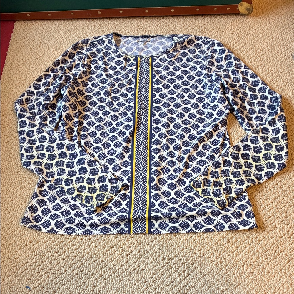 Lands’ End Blue & White Geometric Long Sleeve Splashguard with Yellow Trim